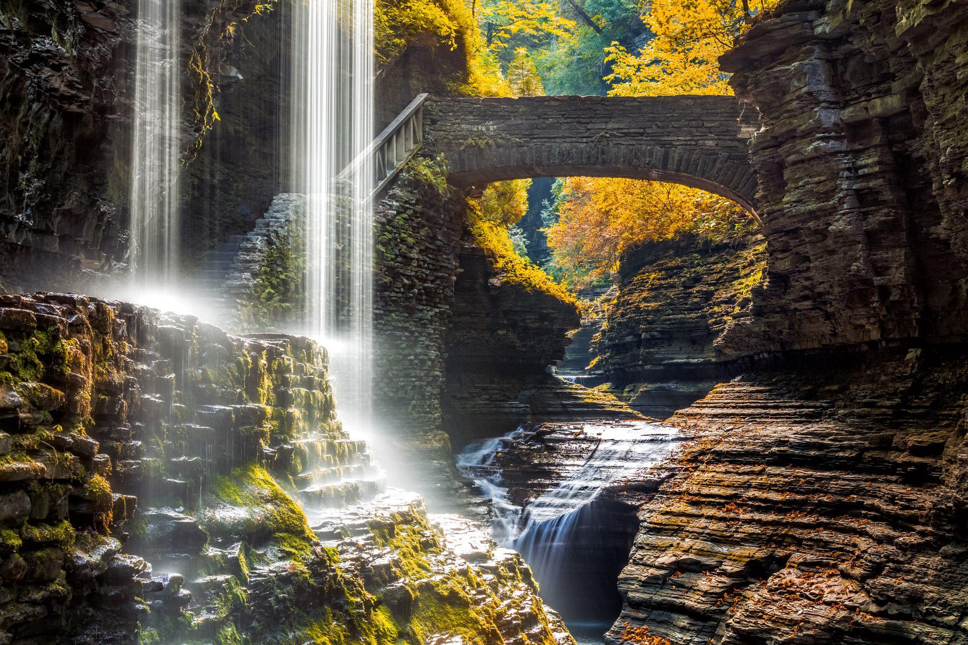 Watkins Glen waterfall and stone arch in spring